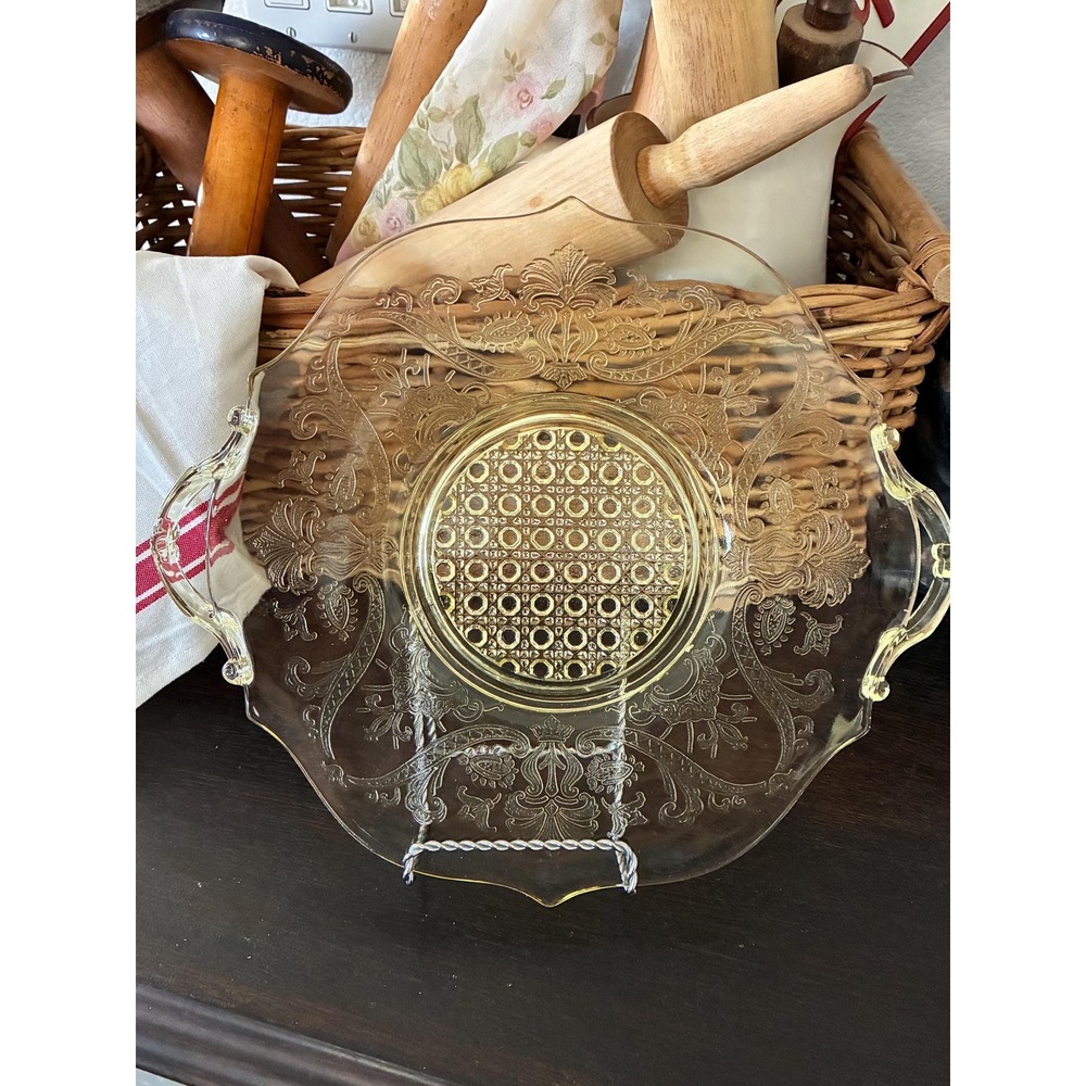 Yellow Pressed Glass Round Platter with Handles Decorative Serving Piece